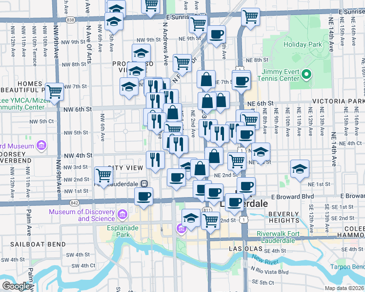 map of restaurants, bars, coffee shops, grocery stores, and more near 425 Northeast 2nd Avenue in Fort Lauderdale