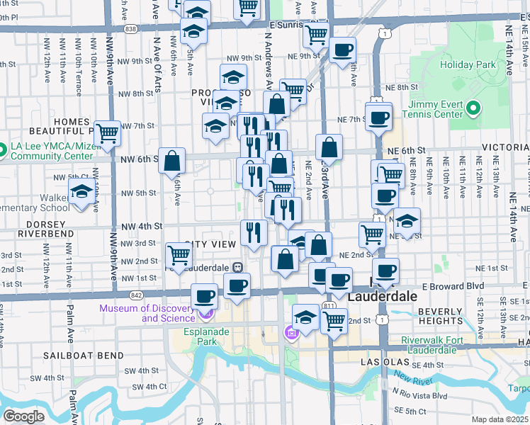 map of restaurants, bars, coffee shops, grocery stores, and more near 429 Northwest 1st Avenue in Fort Lauderdale