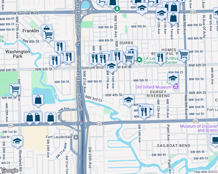 map of restaurants, bars, coffee shops, grocery stores, and more near 441 Northwest 16th Avenue in Fort Lauderdale