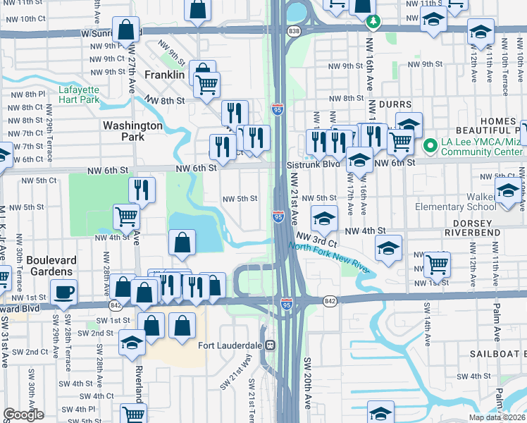 map of restaurants, bars, coffee shops, grocery stores, and more near 442 Northwest 21st Terrace in Fort Lauderdale
