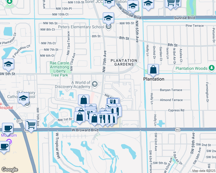 map of restaurants, bars, coffee shops, grocery stores, and more near 6905 Northwest 4th Court in Plantation
