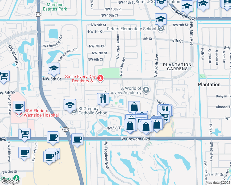 map of restaurants, bars, coffee shops, grocery stores, and more near 7301 Northwest 4th Street in Plantation