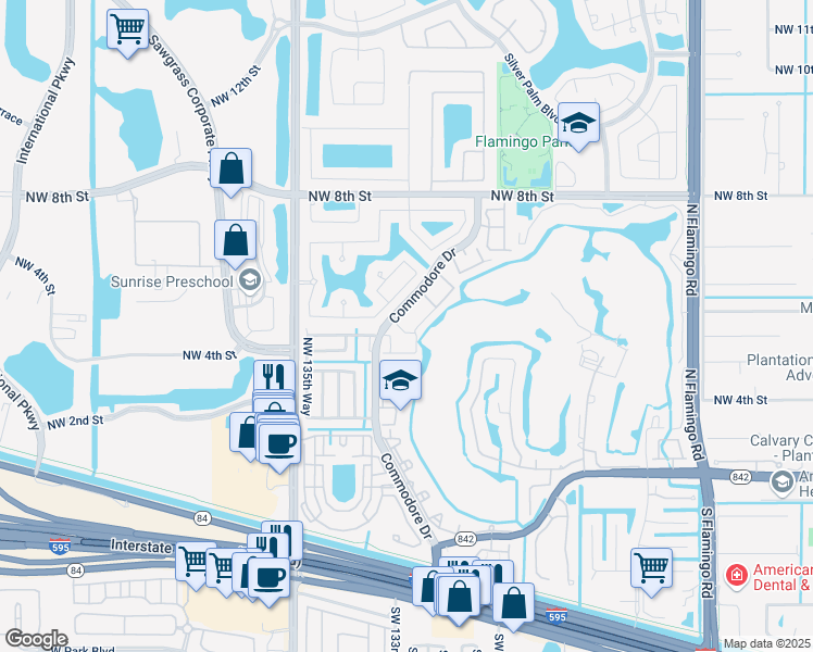 map of restaurants, bars, coffee shops, grocery stores, and more near 219 Northwest 132nd Terrace in Plantation