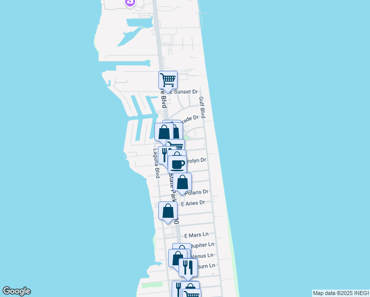 map of restaurants, bars, coffee shops, grocery stores, and more near 107A East Morningside Drive in South Padre Island