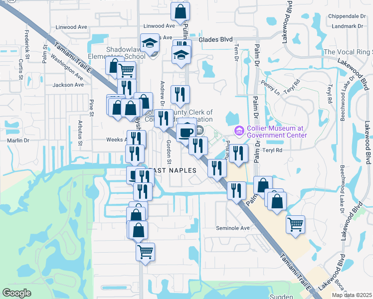 map of restaurants, bars, coffee shops, grocery stores, and more near 3260 Tamiami Trail East in Naples