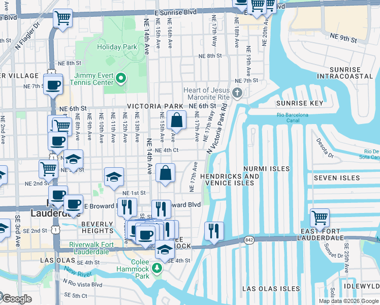 map of restaurants, bars, coffee shops, grocery stores, and more near 417 Northeast 17th Avenue in Fort Lauderdale