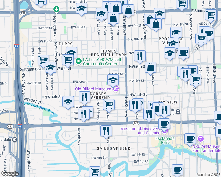 map of restaurants, bars, coffee shops, grocery stores, and more near 1001 Northwest 4th Street in Fort Lauderdale