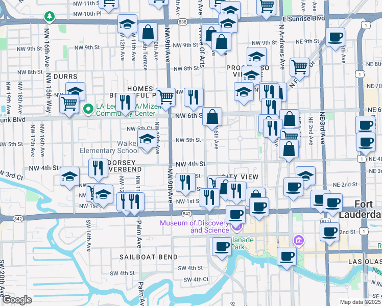 map of restaurants, bars, coffee shops, grocery stores, and more near 445 Northwest 8th Avenue in Fort Lauderdale