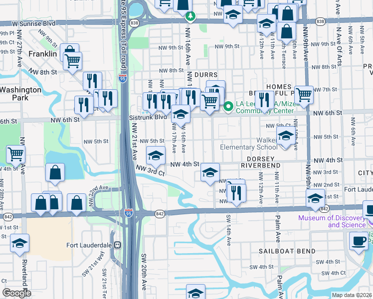 map of restaurants, bars, coffee shops, grocery stores, and more near 441 Northwest 16th Avenue in Fort Lauderdale