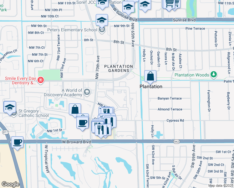 map of restaurants, bars, coffee shops, grocery stores, and more near 21 Northwest 68th Avenue in Plantation