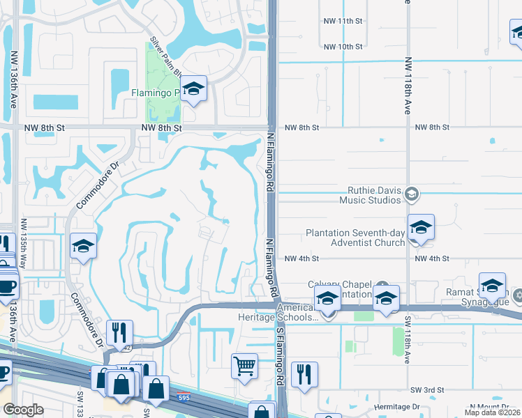 map of restaurants, bars, coffee shops, grocery stores, and more near 266 North Flamingo Road in Sunrise