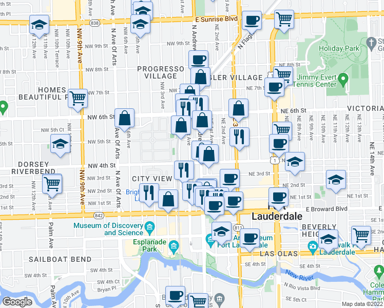 map of restaurants, bars, coffee shops, grocery stores, and more near 412 Northwest 1st Avenue in Fort Lauderdale