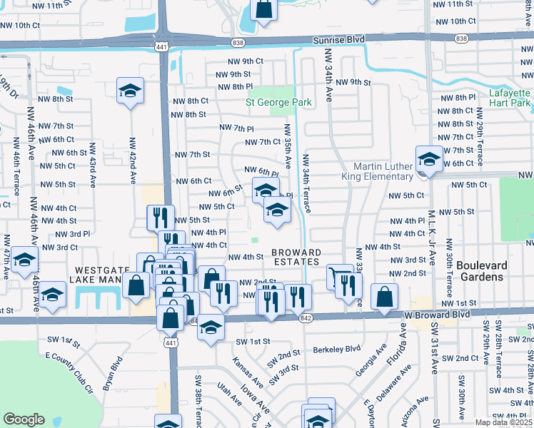 map of restaurants, bars, coffee shops, grocery stores, and more near 3600 Northwest 5th Court in Lauderhill