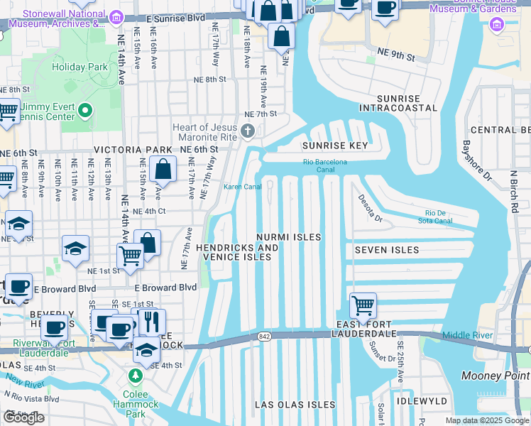 map of restaurants, bars, coffee shops, grocery stores, and more near 169 Isle of Venice Drive in Fort Lauderdale