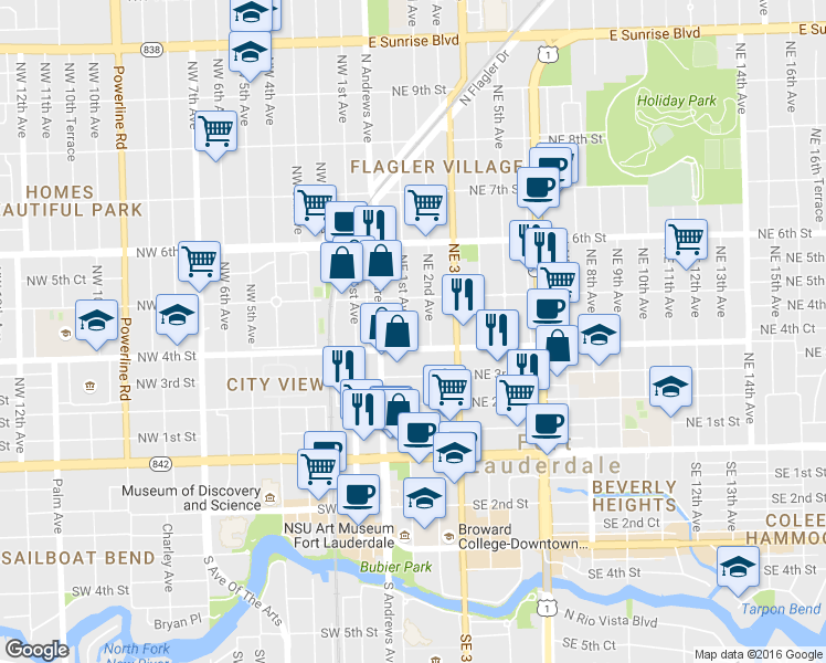 map of restaurants, bars, coffee shops, grocery stores, and more near 425 Northeast 2nd Avenue in Fort Lauderdale