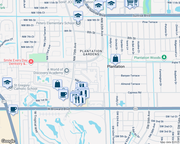 map of restaurants, bars, coffee shops, grocery stores, and more near 21 Northwest 68th Avenue in Plantation