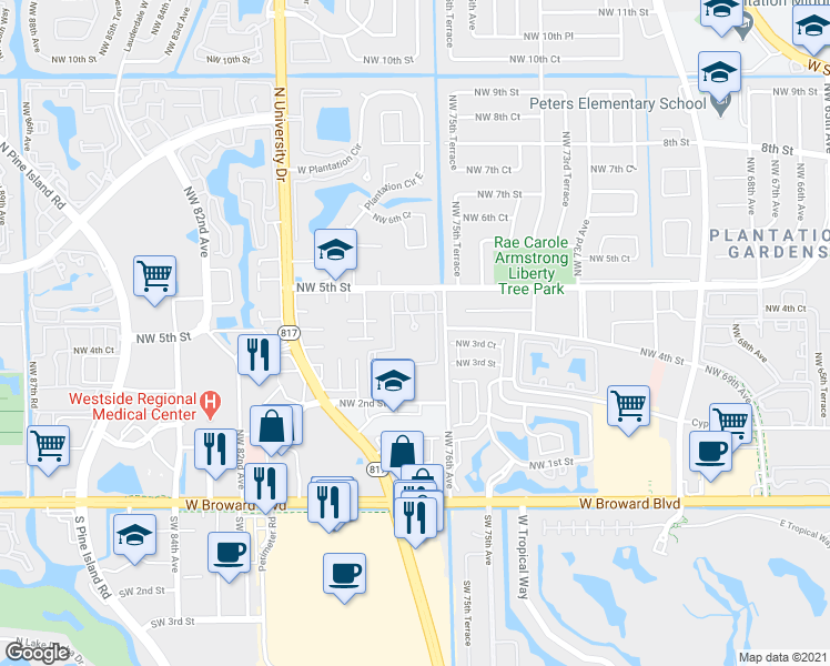 map of restaurants, bars, coffee shops, grocery stores, and more near 7624 Northwest 5th Street in Plantation