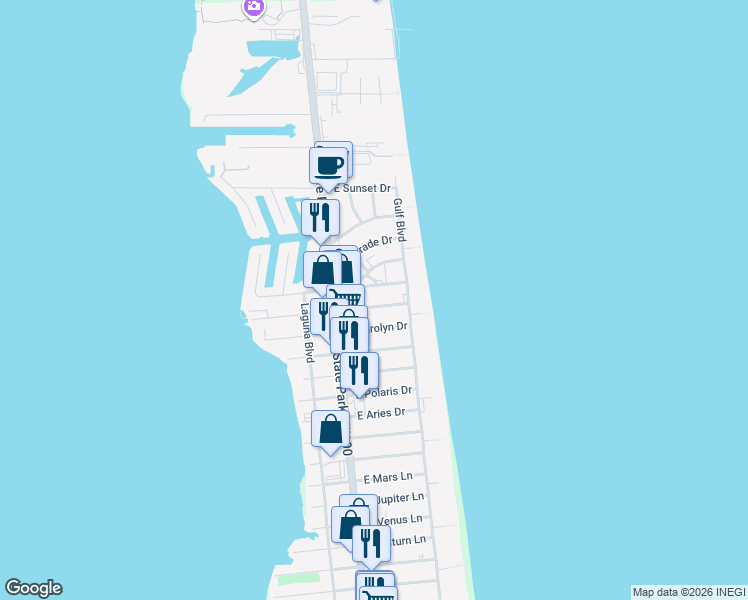 map of restaurants, bars, coffee shops, grocery stores, and more near 123 East Morningside Drive in South Padre Island
