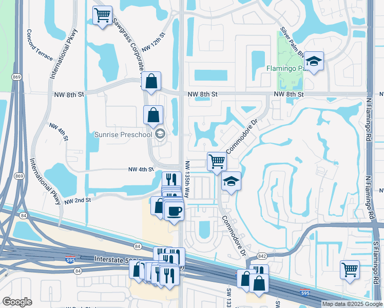 map of restaurants, bars, coffee shops, grocery stores, and more near 564 Northwest 135th Terrace in Plantation