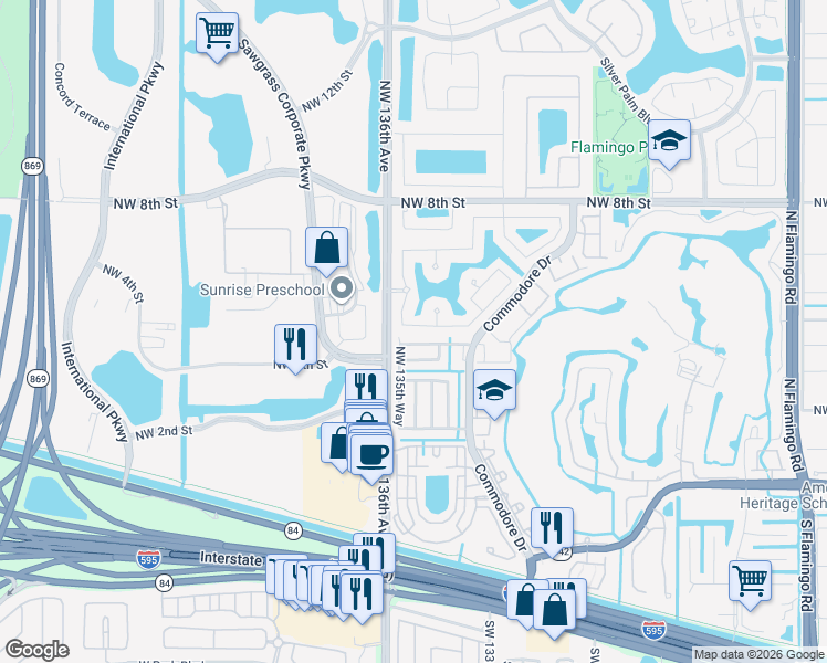 map of restaurants, bars, coffee shops, grocery stores, and more near 564 Northwest 135th Terrace in Plantation