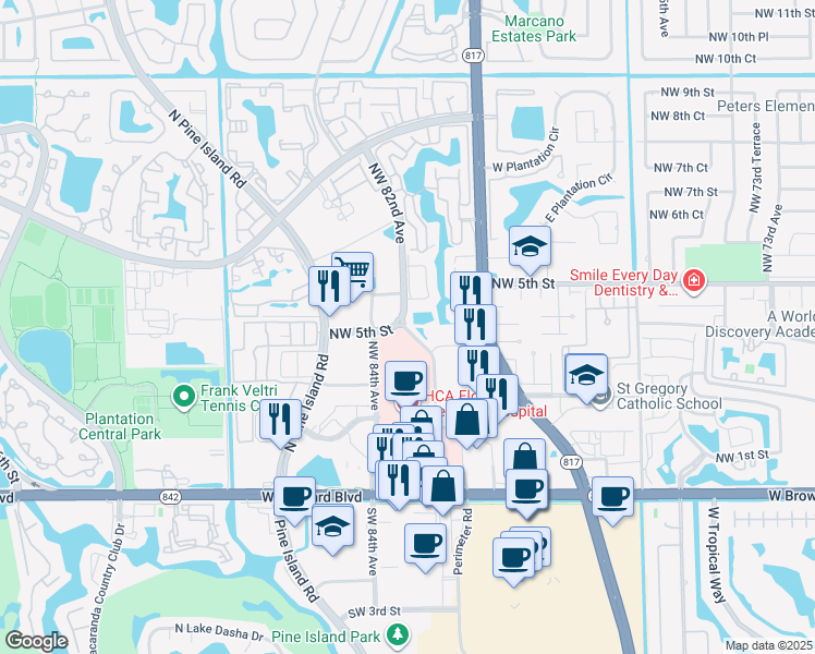 map of restaurants, bars, coffee shops, grocery stores, and more near 472 Westree Lane in Plantation