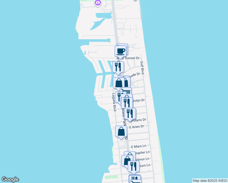 map of restaurants, bars, coffee shops, grocery stores, and more near 104 West Morningside Drive in South Padre Island
