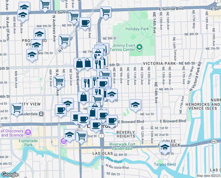 map of restaurants, bars, coffee shops, grocery stores, and more near 408 Northeast 7th Avenue in Fort Lauderdale