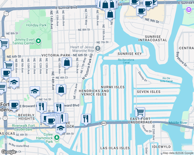 map of restaurants, bars, coffee shops, grocery stores, and more near 411 Hendricks Isle in Fort Lauderdale