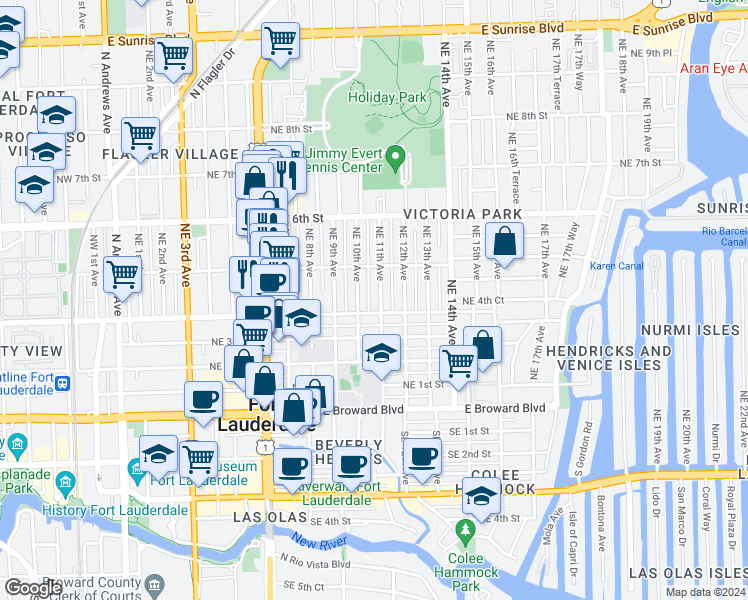 map of restaurants, bars, coffee shops, grocery stores, and more near 416 Northeast 10th Avenue in Fort Lauderdale