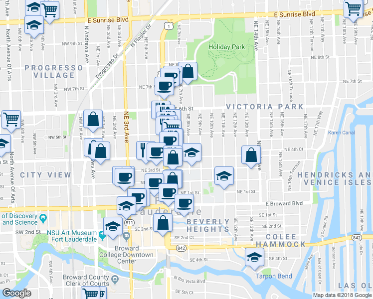 map of restaurants, bars, coffee shops, grocery stores, and more near 422 Northeast 7th Avenue in Fort Lauderdale