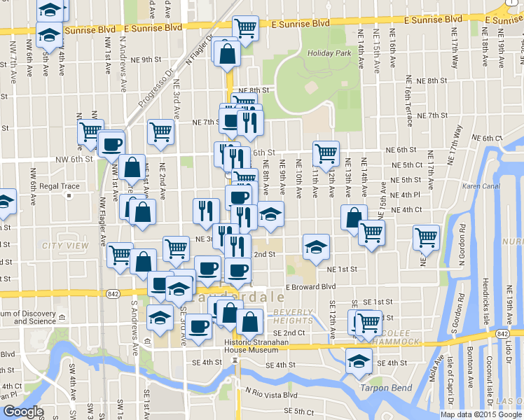 map of restaurants, bars, coffee shops, grocery stores, and more near 422 Northeast 7th Avenue in Fort Lauderdale