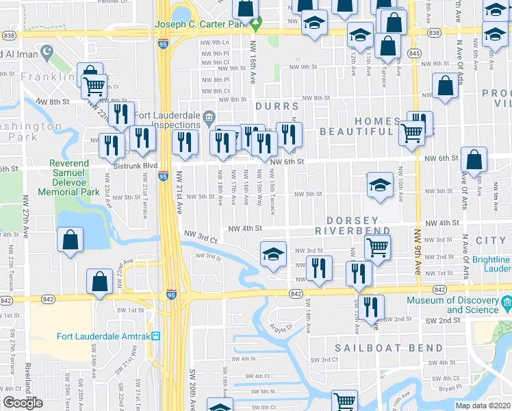 map of restaurants, bars, coffee shops, grocery stores, and more near 1532 Northwest 5th Street in Fort Lauderdale