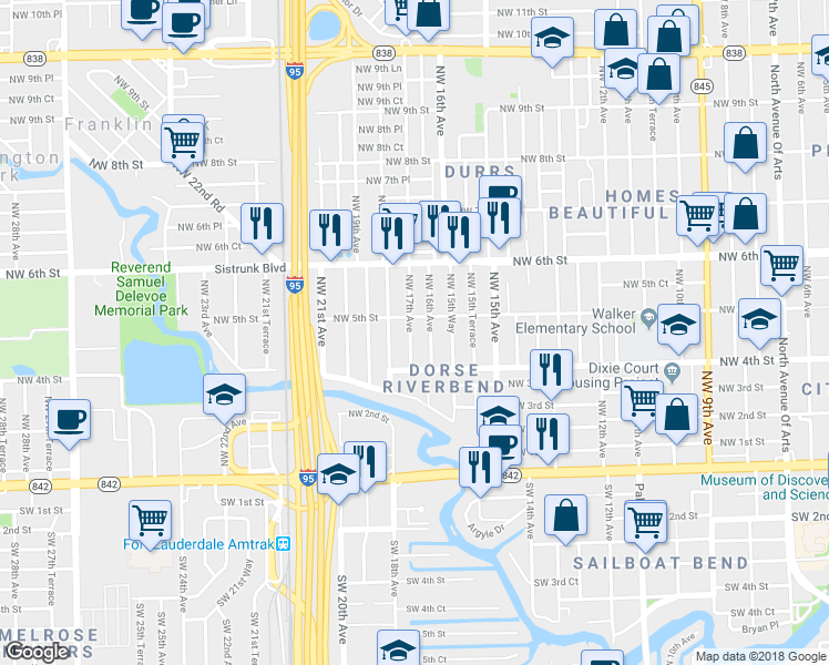 map of restaurants, bars, coffee shops, grocery stores, and more near 441 Northwest 16th Avenue in Fort Lauderdale