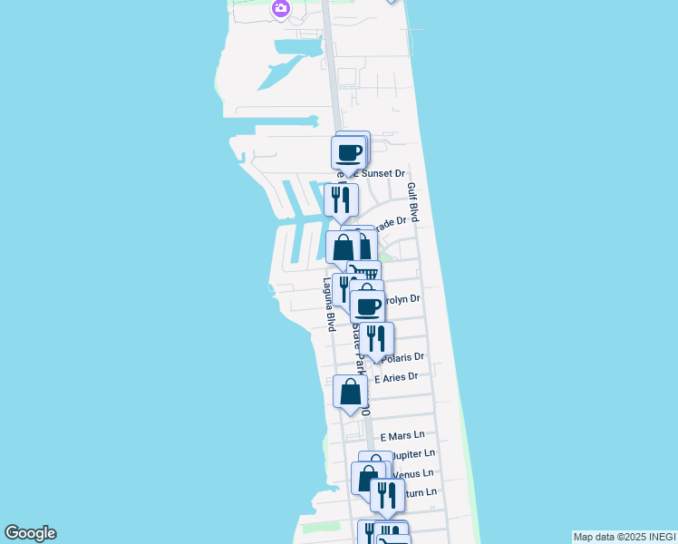 map of restaurants, bars, coffee shops, grocery stores, and more near 104 West Morningside Drive in South Padre Island