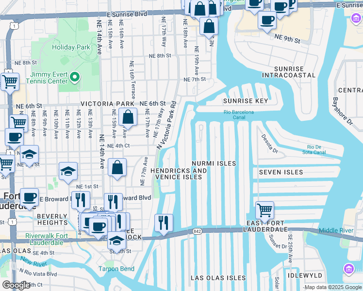map of restaurants, bars, coffee shops, grocery stores, and more near 411 Hendricks Isle in Fort Lauderdale