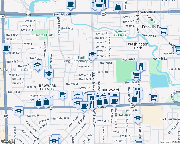 map of restaurants, bars, coffee shops, grocery stores, and more near 3120 Northwest 5th Street in Fort Lauderdale