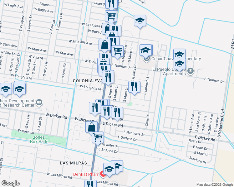map of restaurants, bars, coffee shops, grocery stores, and more near 6911 South Venus Lane in Pharr