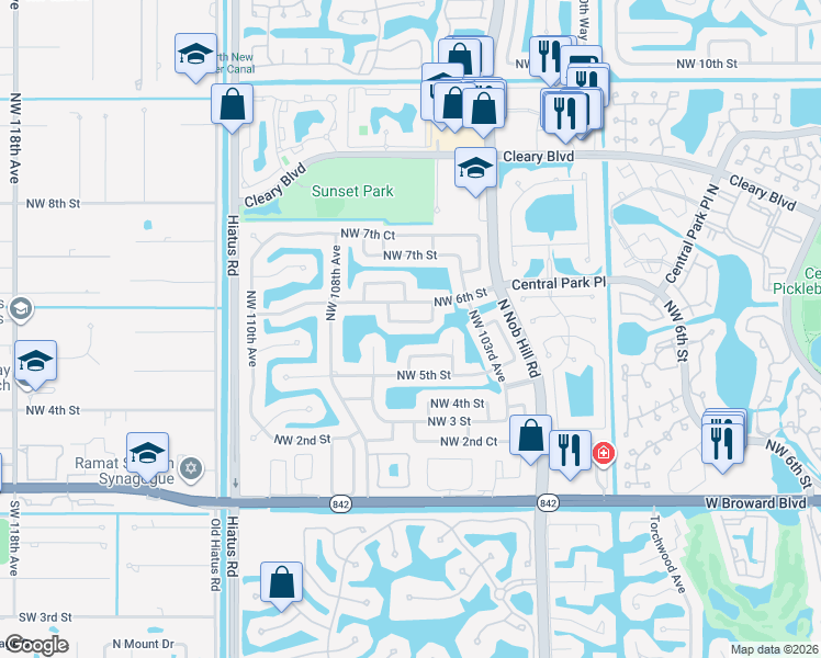 map of restaurants, bars, coffee shops, grocery stores, and more near 10500 Northwest 5th Manor in Plantation