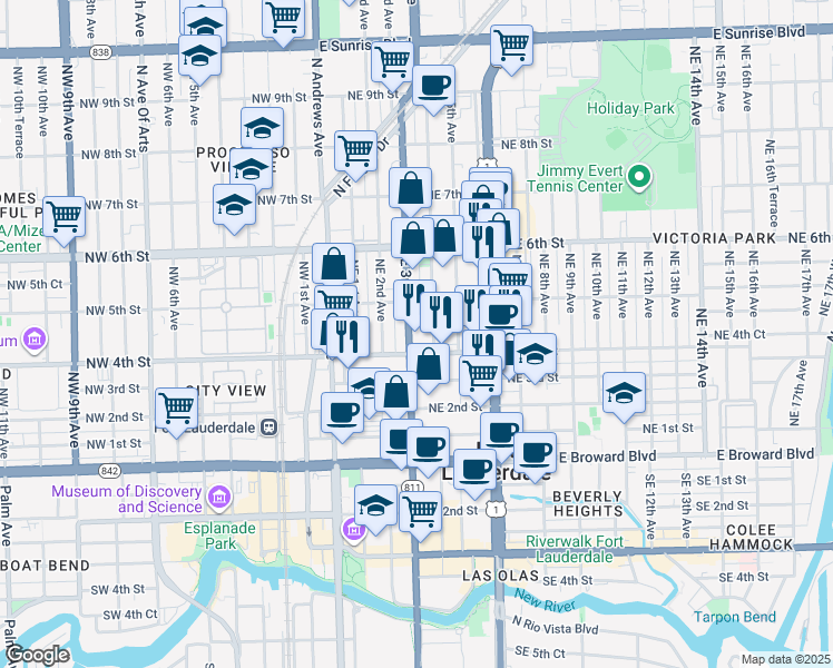 map of restaurants, bars, coffee shops, grocery stores, and more near 416 Northeast 3rd Street in Fort Lauderdale