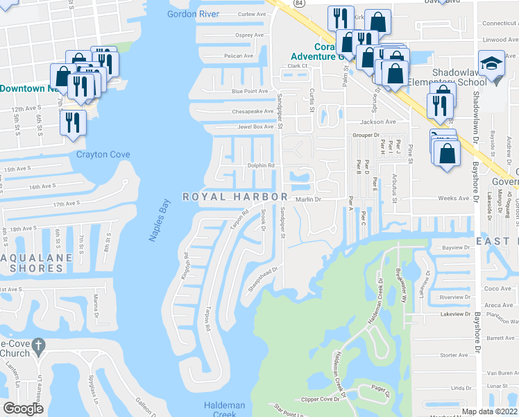 map of restaurants, bars, coffee shops, grocery stores, and more near 1498 Marlin Drive in Naples