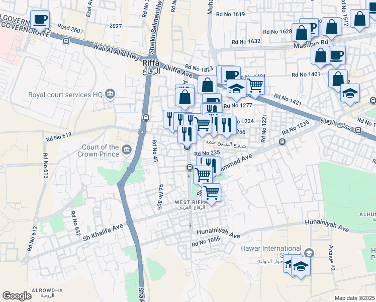 map of restaurants, bars, coffee shops, grocery stores, and more near Ajirah Avenue in Riffa
