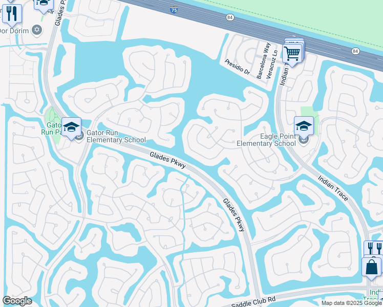 map of restaurants, bars, coffee shops, grocery stores, and more near 892 Savannah Falls Drive in Weston