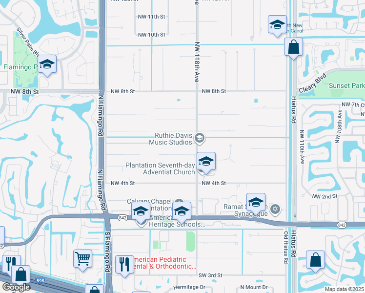 map of restaurants, bars, coffee shops, grocery stores, and more near 11810 Northwest 5th Court in Plantation