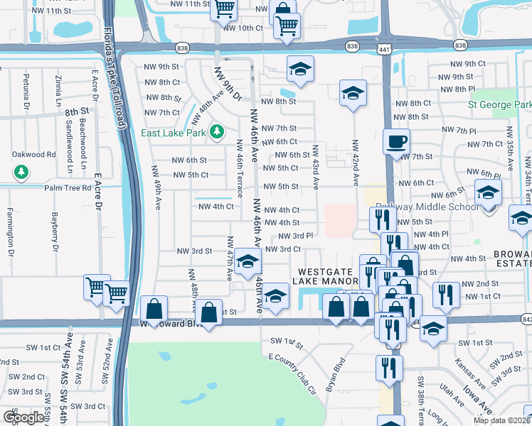 map of restaurants, bars, coffee shops, grocery stores, and more near 4550 Northwest 4th Court in Plantation