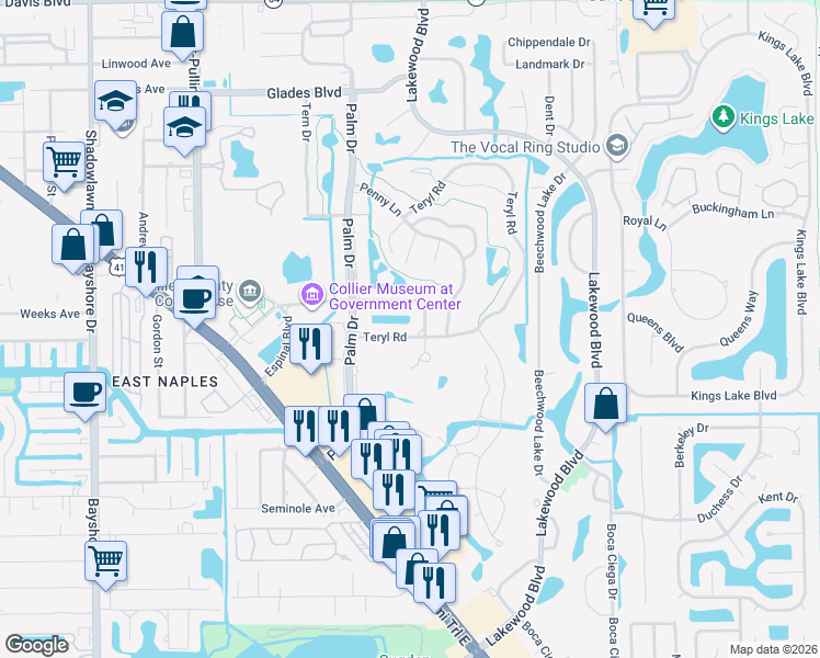 map of restaurants, bars, coffee shops, grocery stores, and more near 195 Harrison Road in Naples