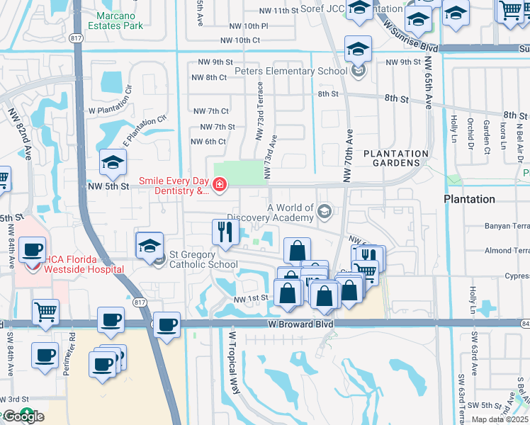 map of restaurants, bars, coffee shops, grocery stores, and more near 7301 Northwest 4th Street in Plantation