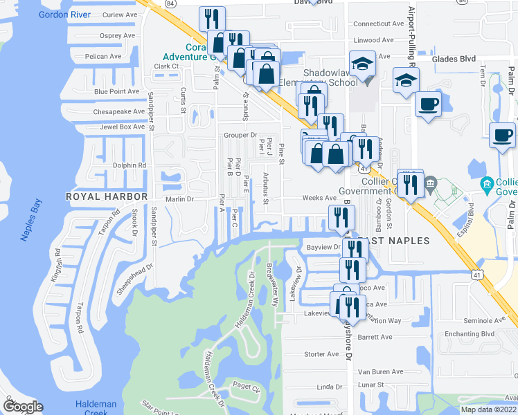 map of restaurants, bars, coffee shops, grocery stores, and more near 2863 Arbutus Street in Naples