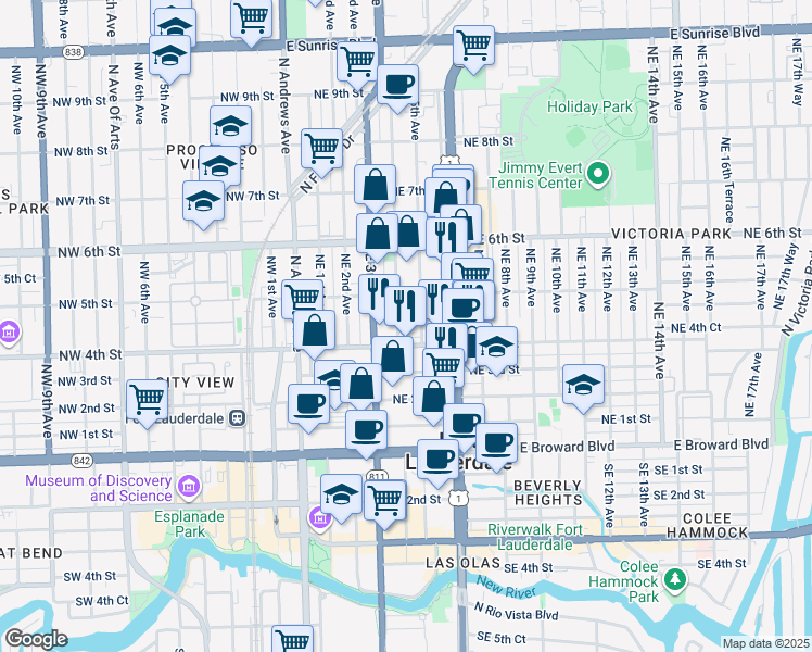 map of restaurants, bars, coffee shops, grocery stores, and more near 440 Northeast 4th Avenue in Fort Lauderdale