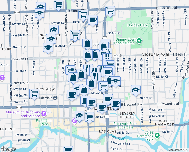 map of restaurants, bars, coffee shops, grocery stores, and more near 440 Northeast 4th Avenue in Fort Lauderdale