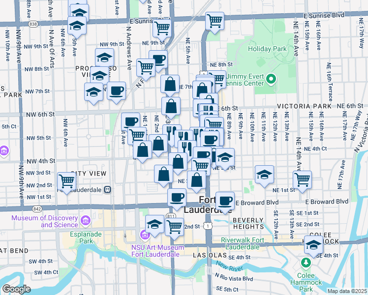 map of restaurants, bars, coffee shops, grocery stores, and more near 440 Northeast 4th Avenue in Fort Lauderdale